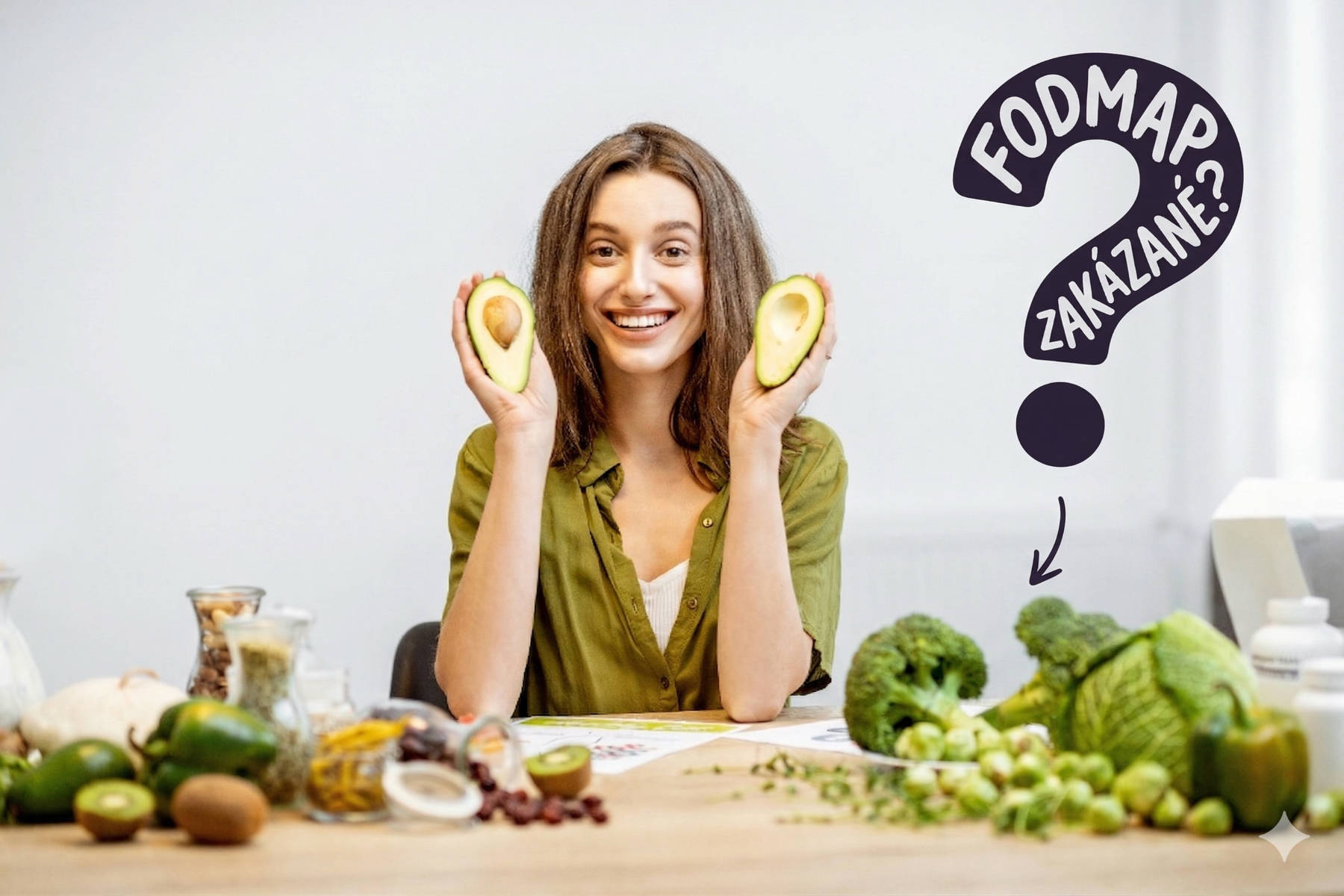 Žena sedící u stolu plného zeleniny drží dvě poloviny avokáda, symbolizující rozhodování o FODMAP zakázaných potravinách.